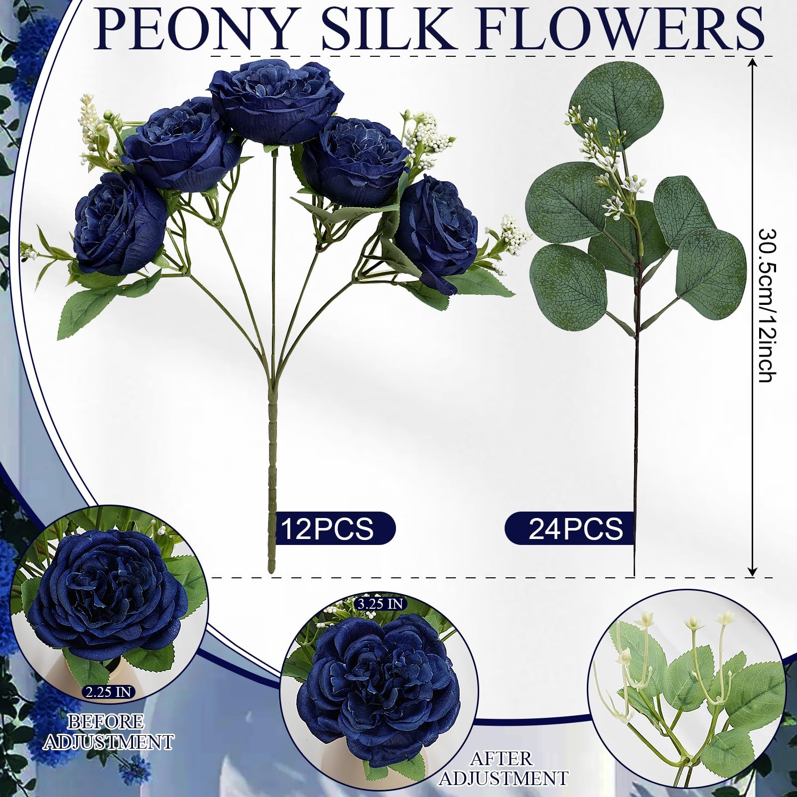 12 PCS Navy Blue Peonies Artificial Flowers Fake Silk Faux Eucalyptus Bouquet