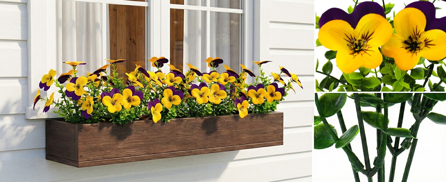 16 Pcs Artificial Pansy Flowers for Outdoors Yellow Faux Silk Spring Flowers for