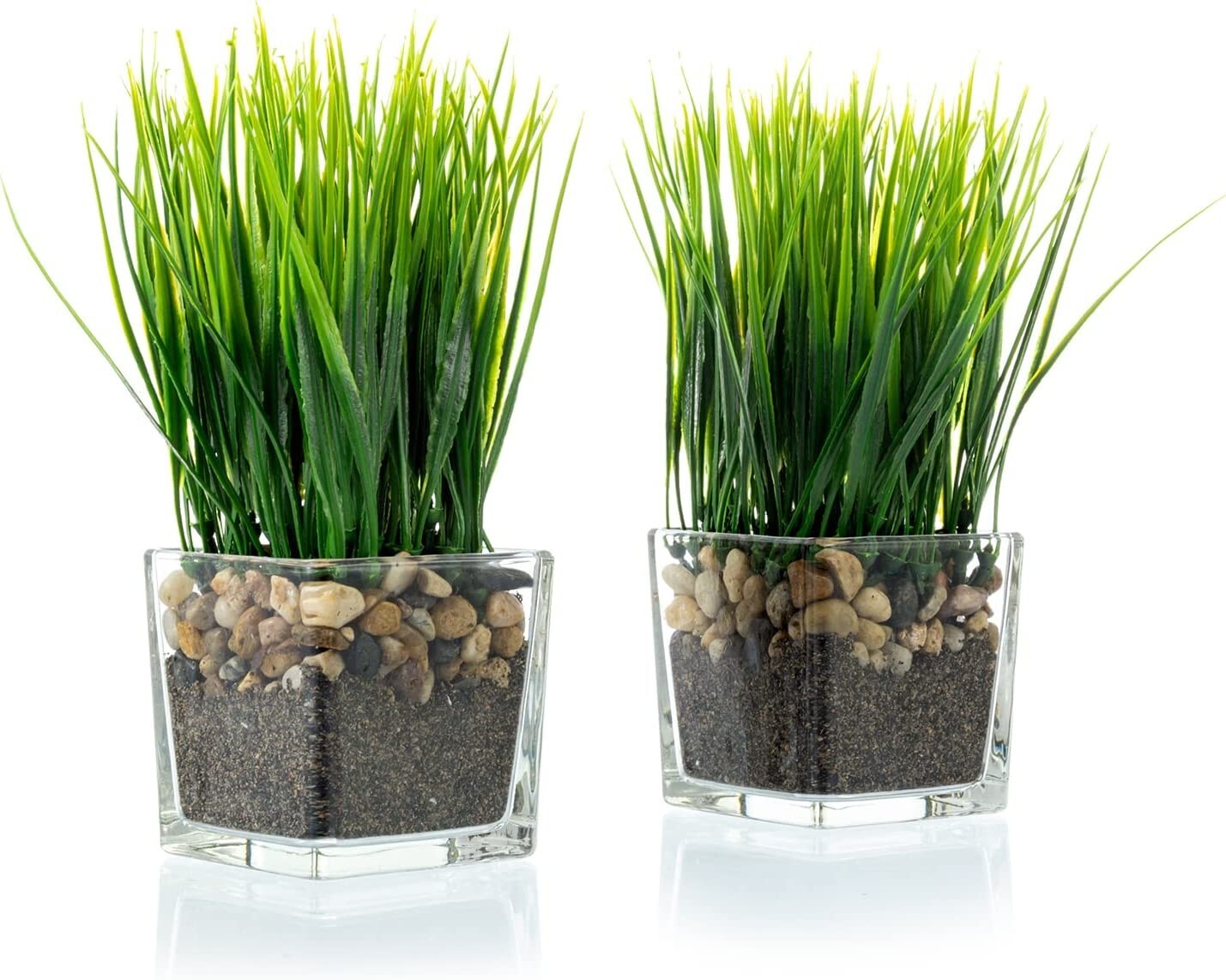 Artificial Grass Plants in Clear Glass Pots w/ Faux Pebbles & Soil, Set of 2