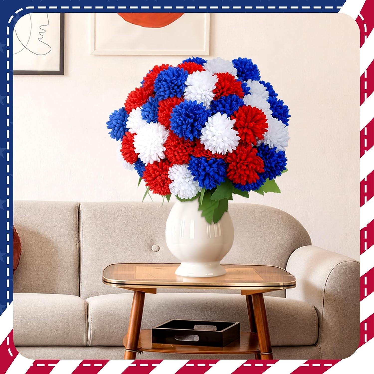 Patriotic Red White Blue Silk Chrysanthemum Flowers