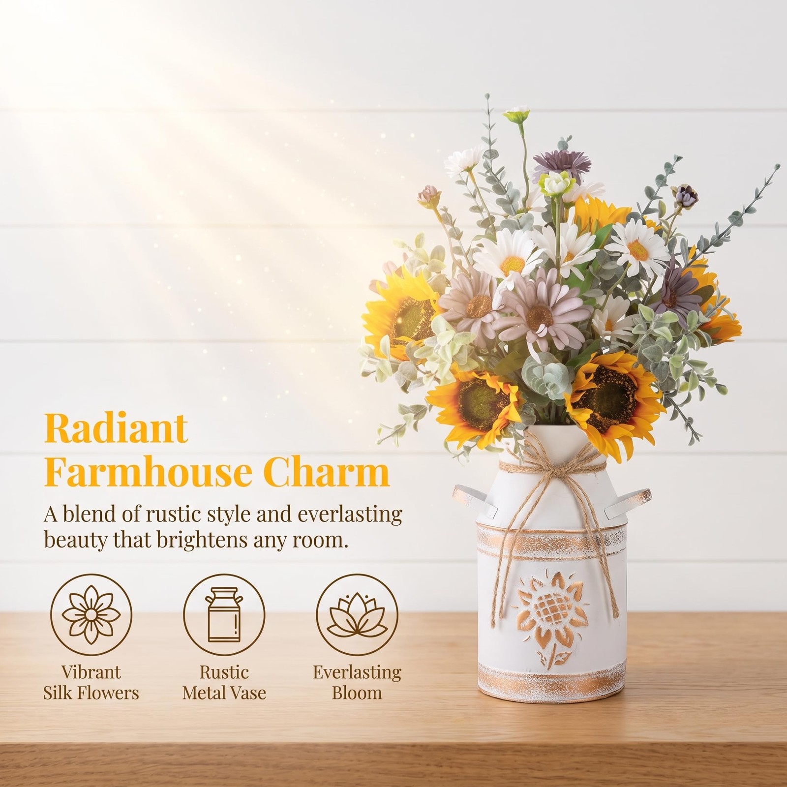 Yellow Artificial Sunflower Silk Flowers In Metal Vase Faux Kitchen Decor Gift