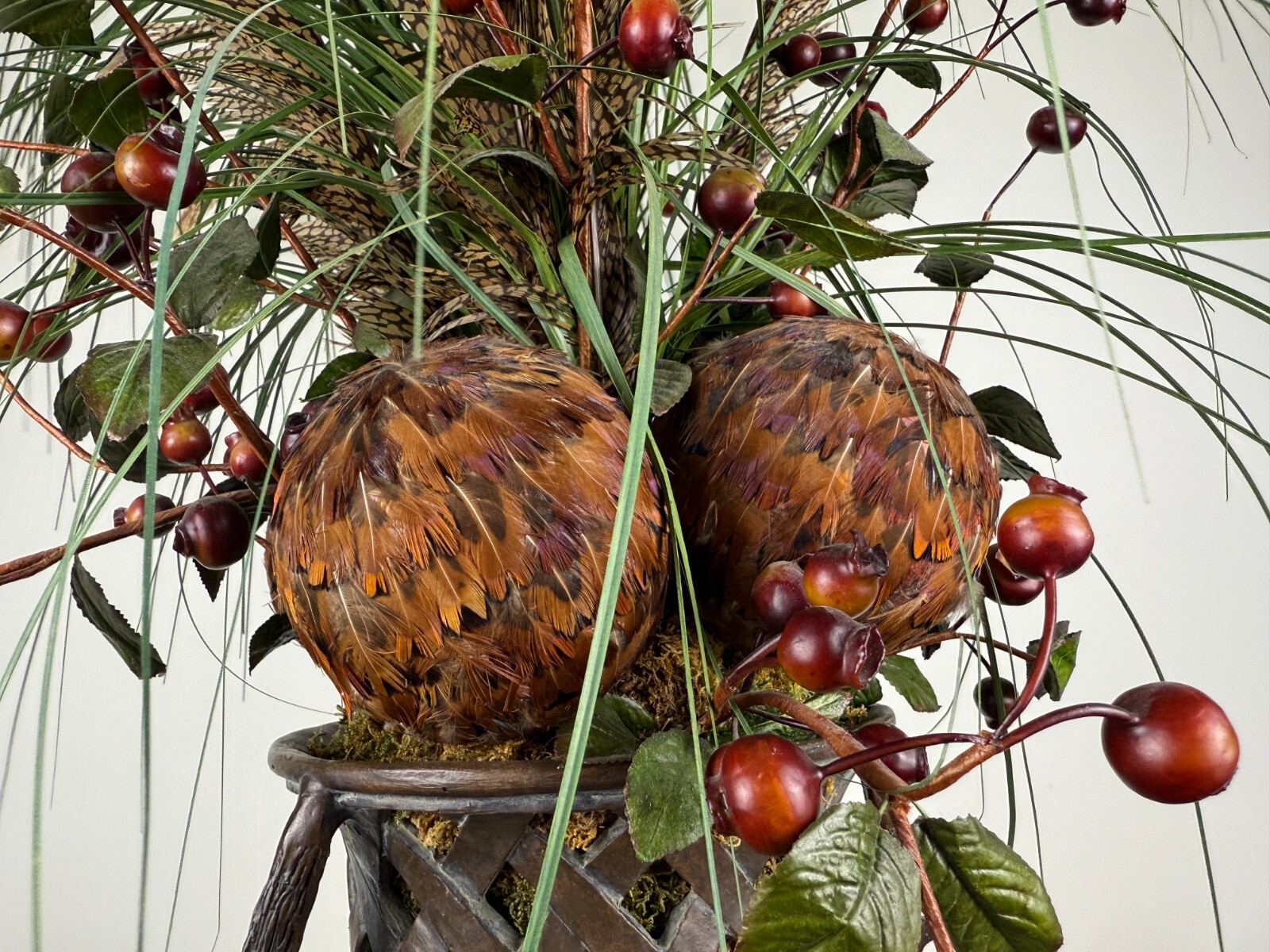 Rustic Stag Head Urn Faux Floral Arrangement Pheasant Feather Lodge Centerpiece