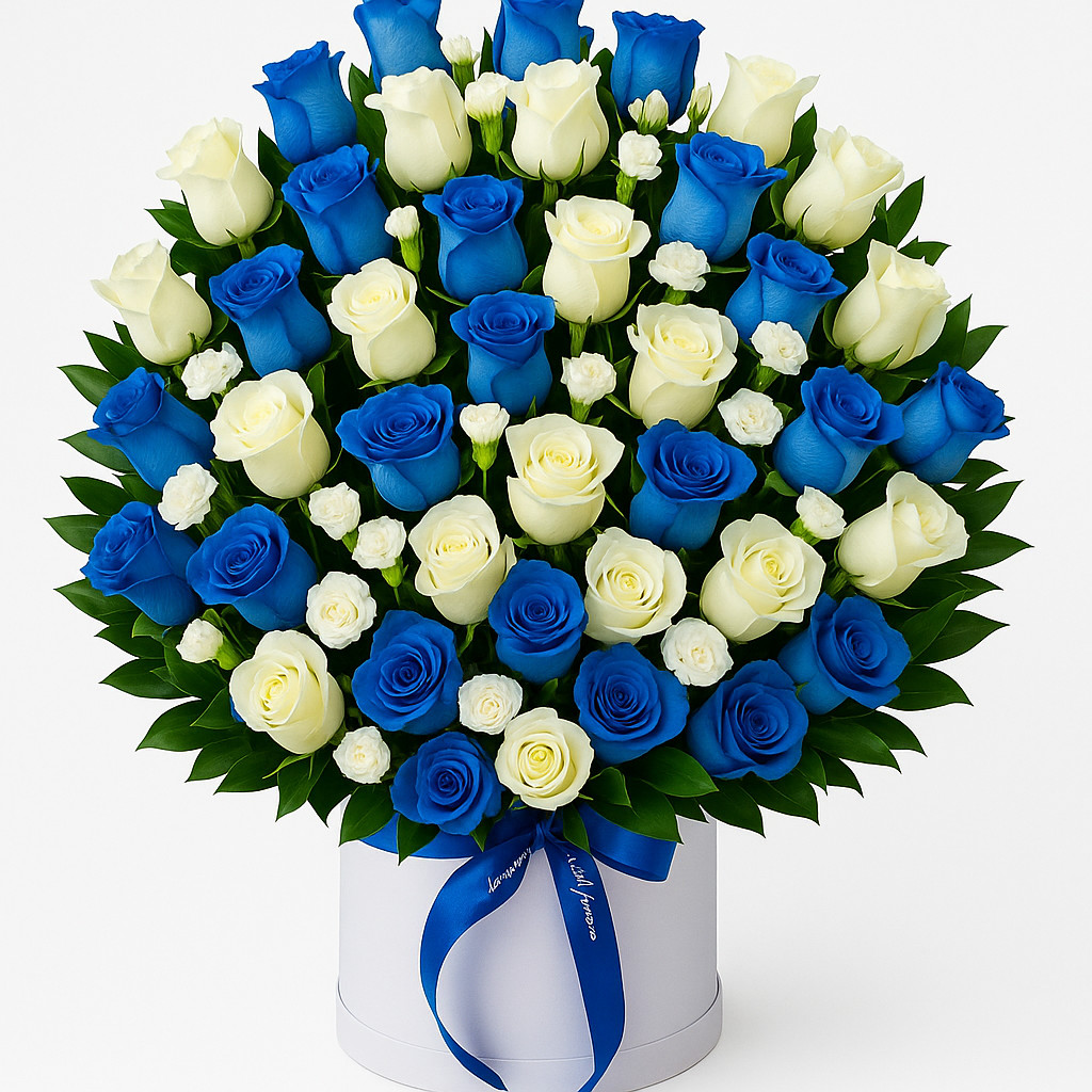 Ramo Grande de Rosas Naturales Azules y Blancas – Arreglo Floral Elegante en Caj