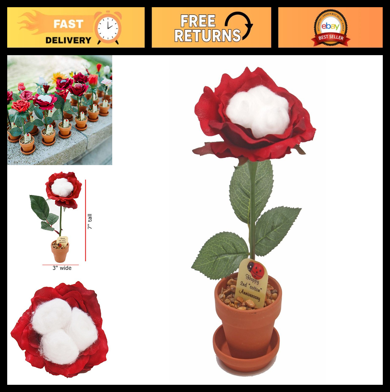 2nd Year Cotton Anniversary Rose – 7″ Artificial Flower in Terra Cotta Pot, Hand