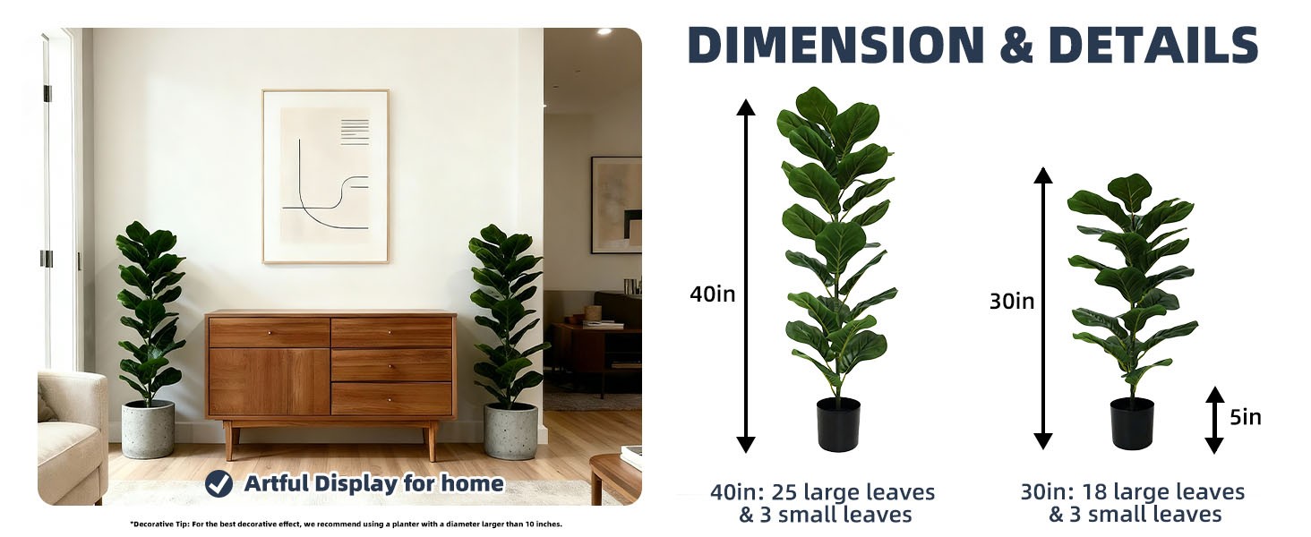 2 Pack Faux Fiddle Leaf Fig Tree – 40″ Fake Tree with Black Planter & Artificial