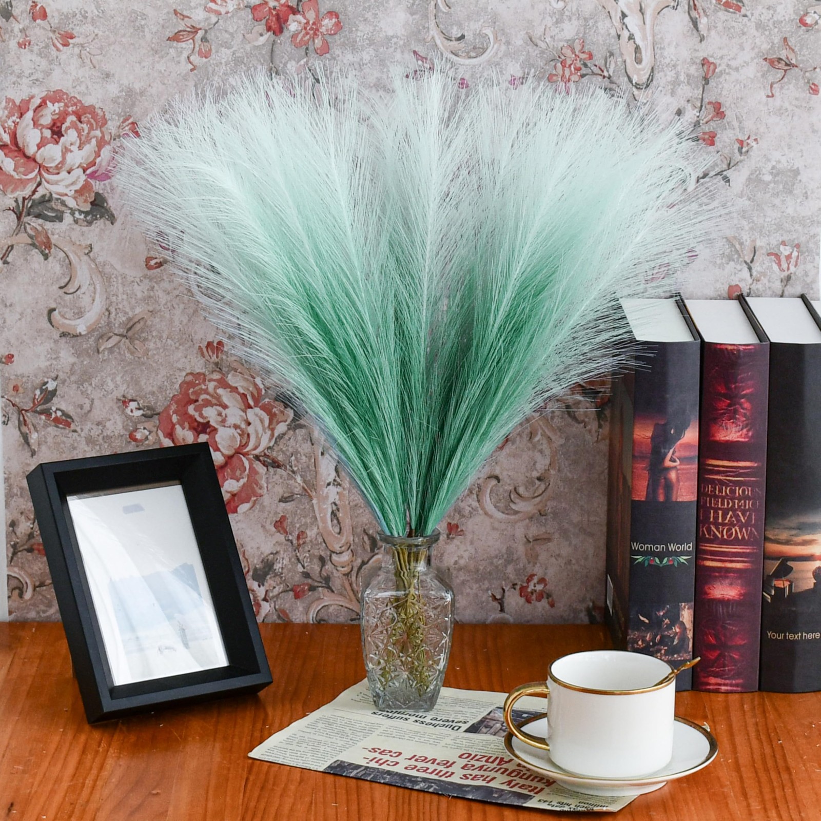 Gradient Green Silk Pampas Grass Bouquet 20 Stems 17.7in Fluffy Artificial Pa…