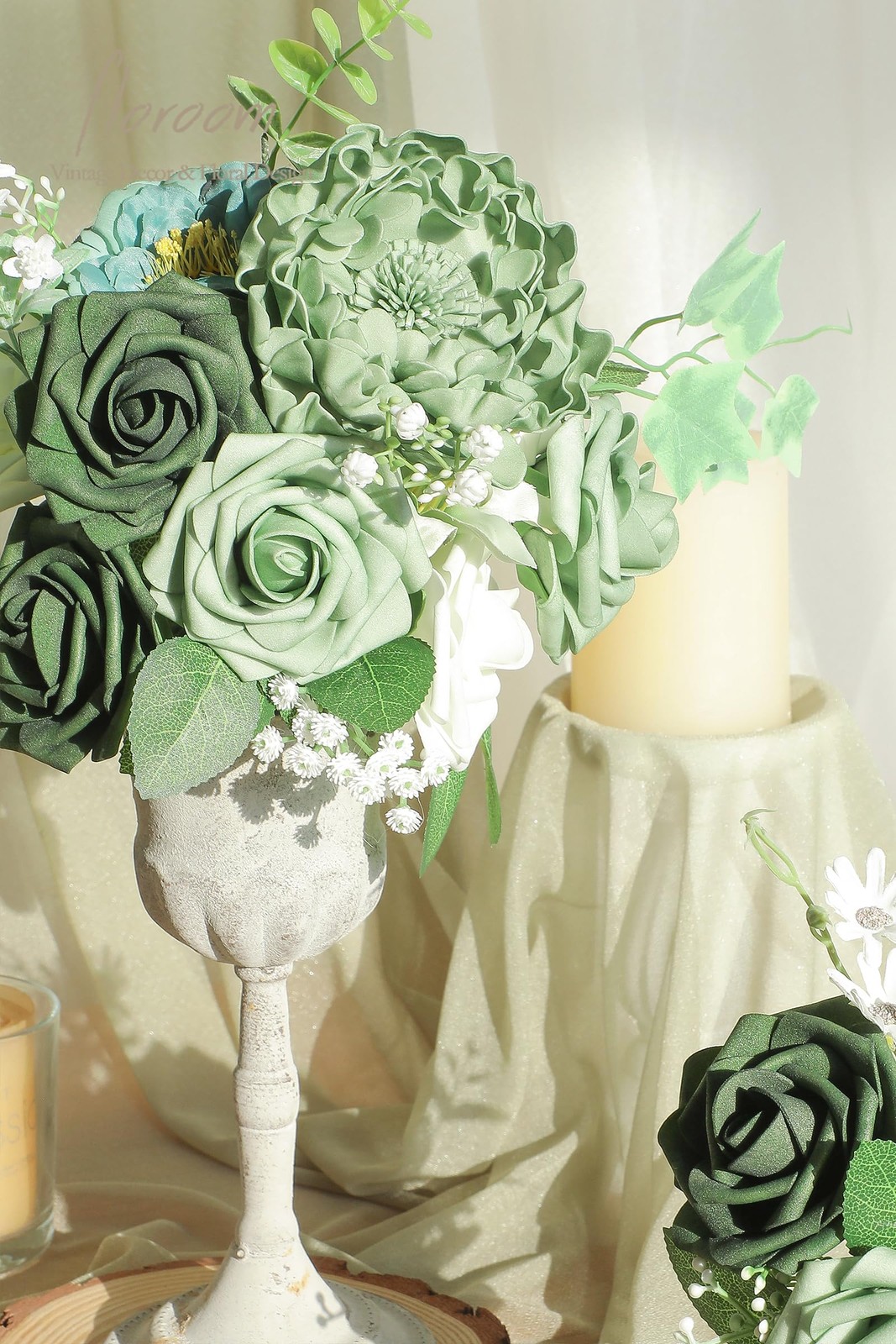 Artificial Flowers 25pcs Real Looking Sage Green & Emerald Green Foam Fake Ro…
