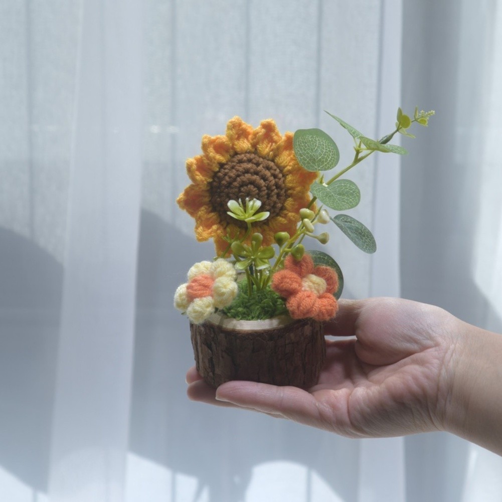 Sunflower Potbouquet Plastic Silk Flower Hand Knitted Home Decor 12x7cm