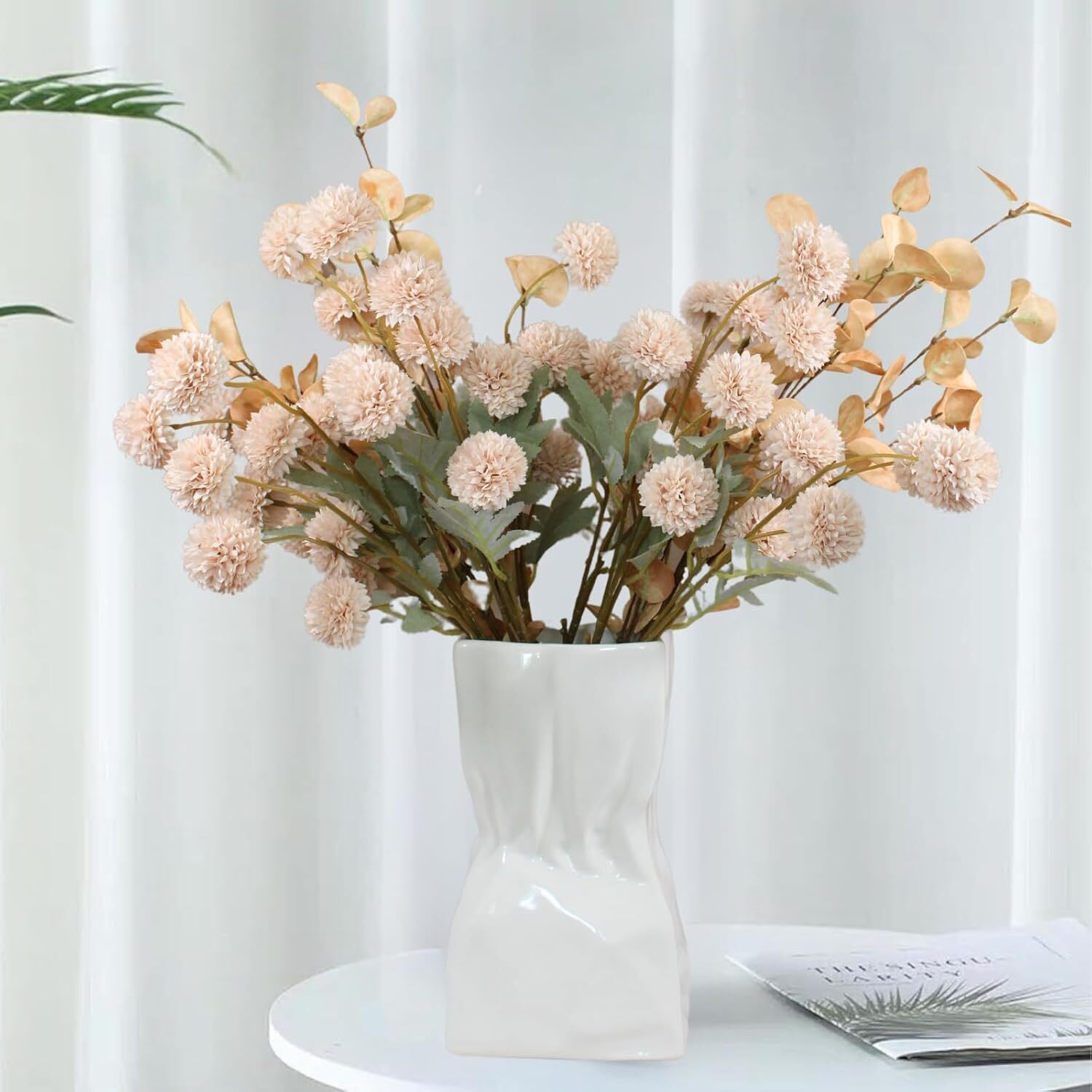 Beige Flowers Artificial + Eucalyptus, Fake Mums Long Stem Flowers, Tan Nude Cre