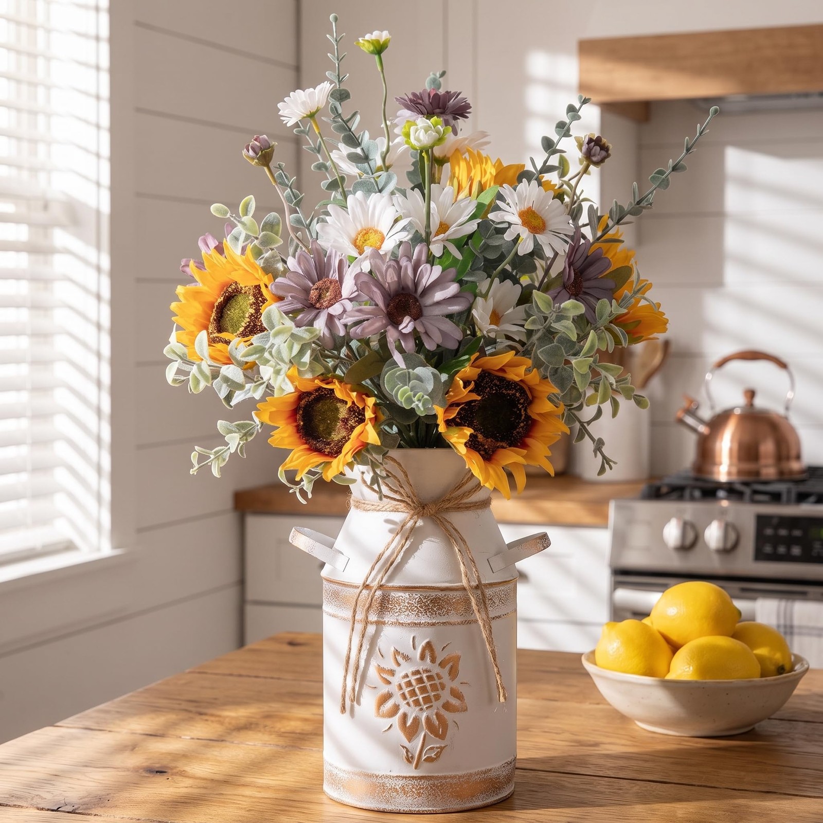 Yellow Artificial Sunflower Silk Flowers In Metal Vase Faux Kitchen Decor Gift