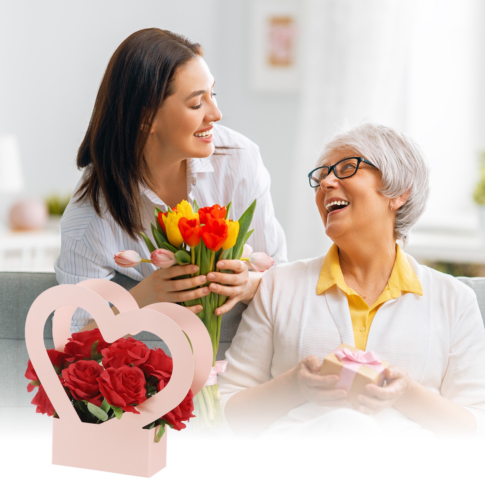 Heart Shaped Flowers Boxes, 12 Pack Bouquet Gift Bags with Handle for Wedding