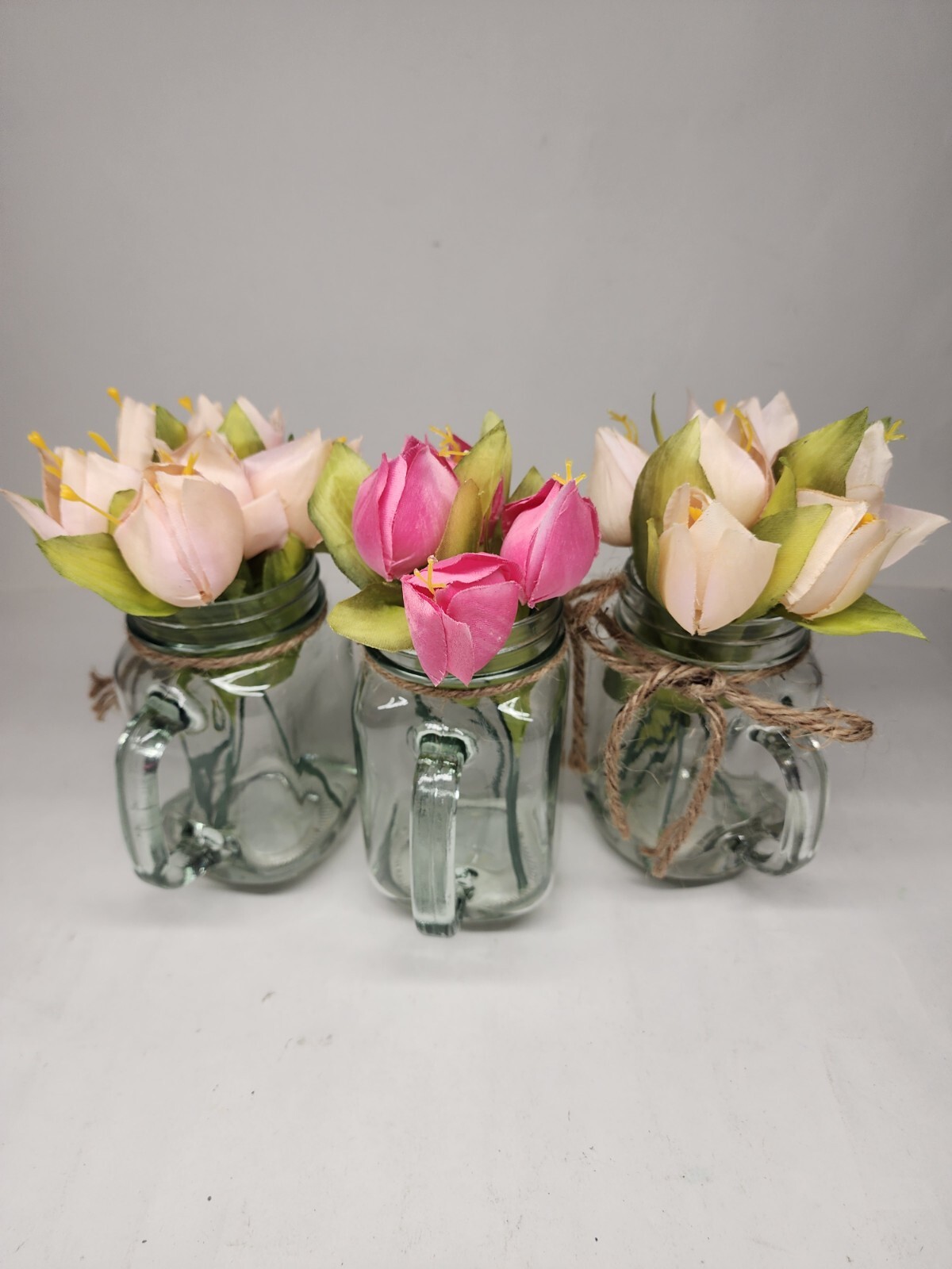 Lot of 3 – Old East Main – Clear Glass Mason Jar Style Mug w/Artificial Tulips