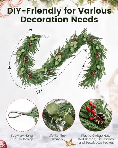 9FT Artificial Christmas Garland with Pine Cones, Red Berries and Eucalyptus