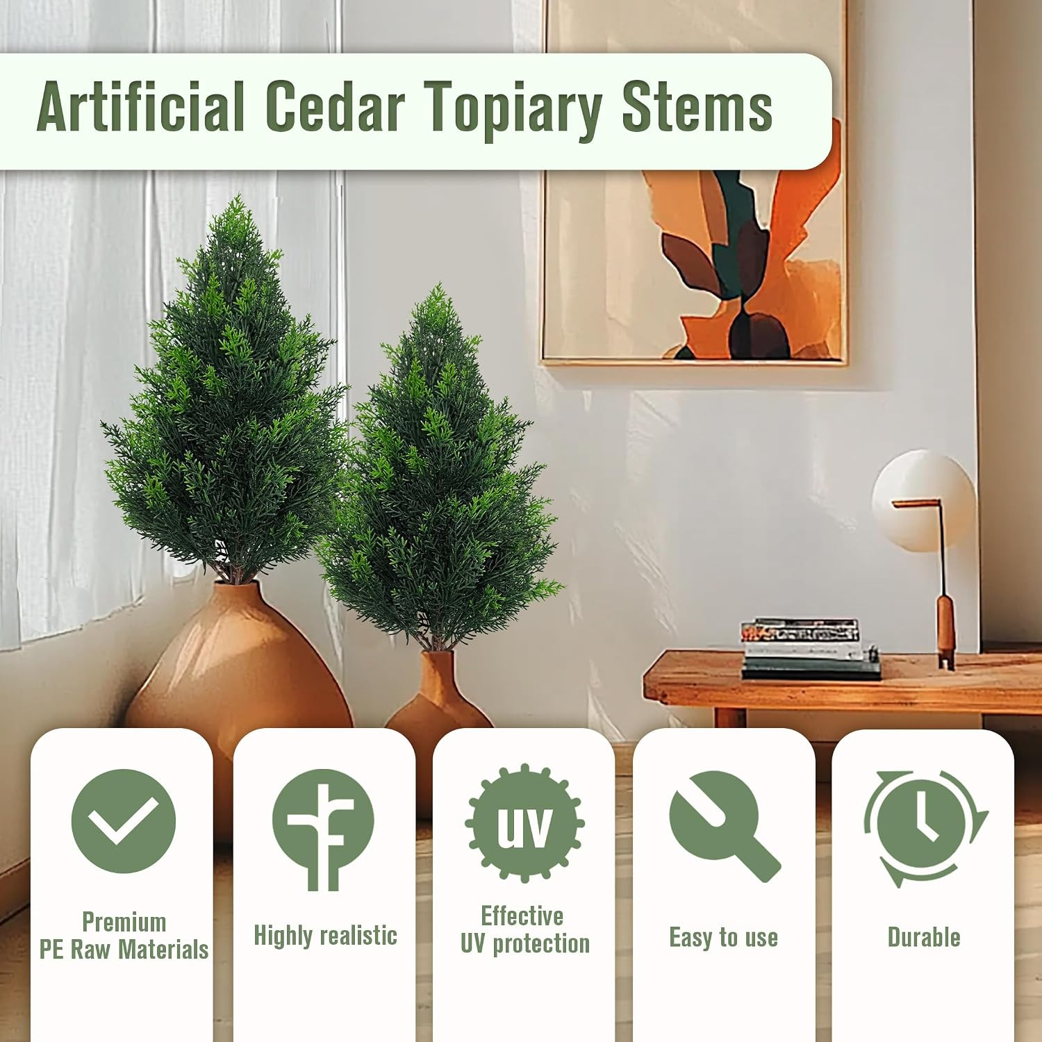 20 Inch (2 Pack), Artificial Cedar Topiary Plants, UV Resistant | Faux Pine Stem