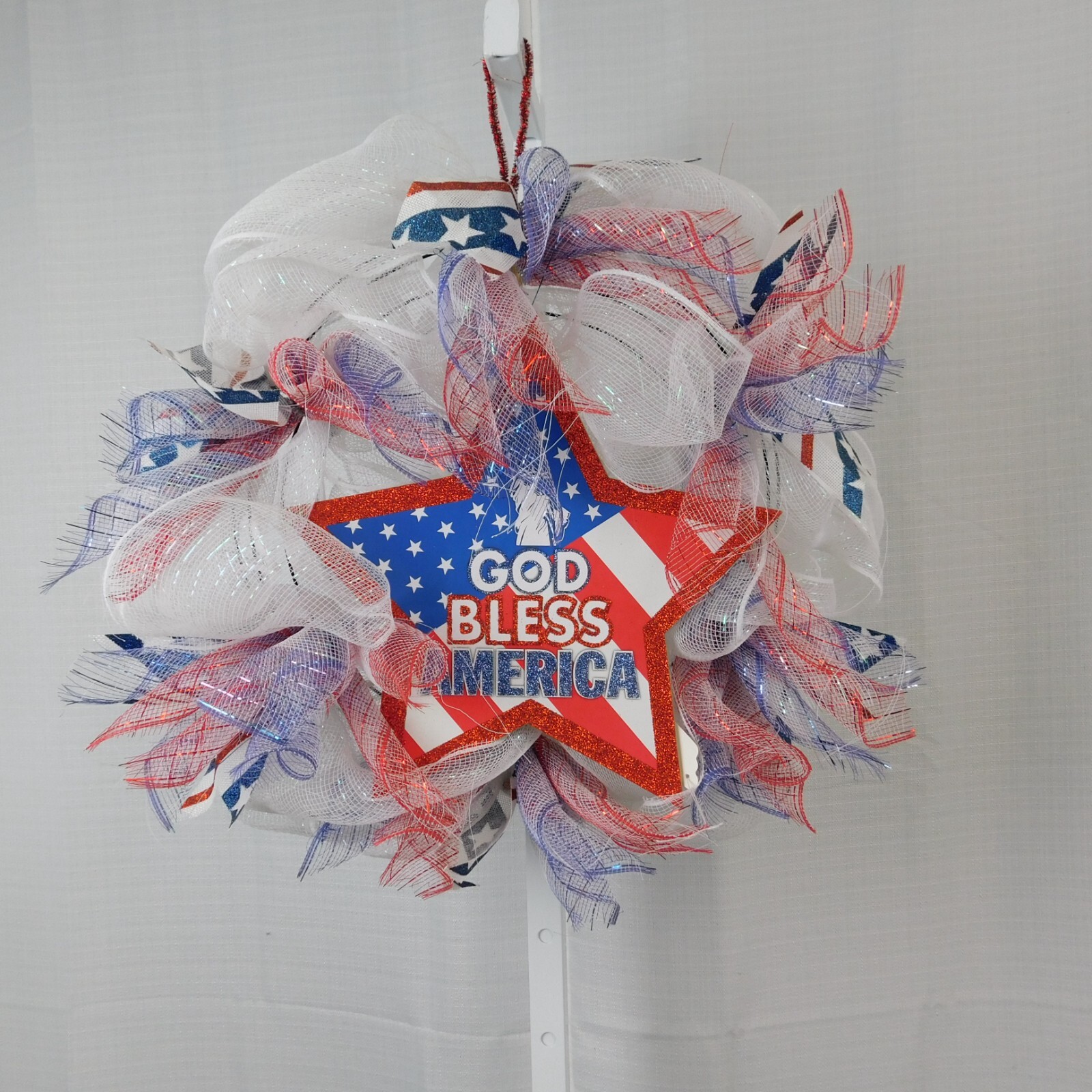 Handmade Mesh Wreath Patriotic God Bless America Glitter Star July 4th #C316