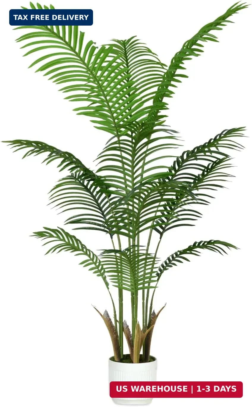 4FT Artificial Palm Tree Indoor with White Pot, Realistic Leaves, 9 Trunks Adjus