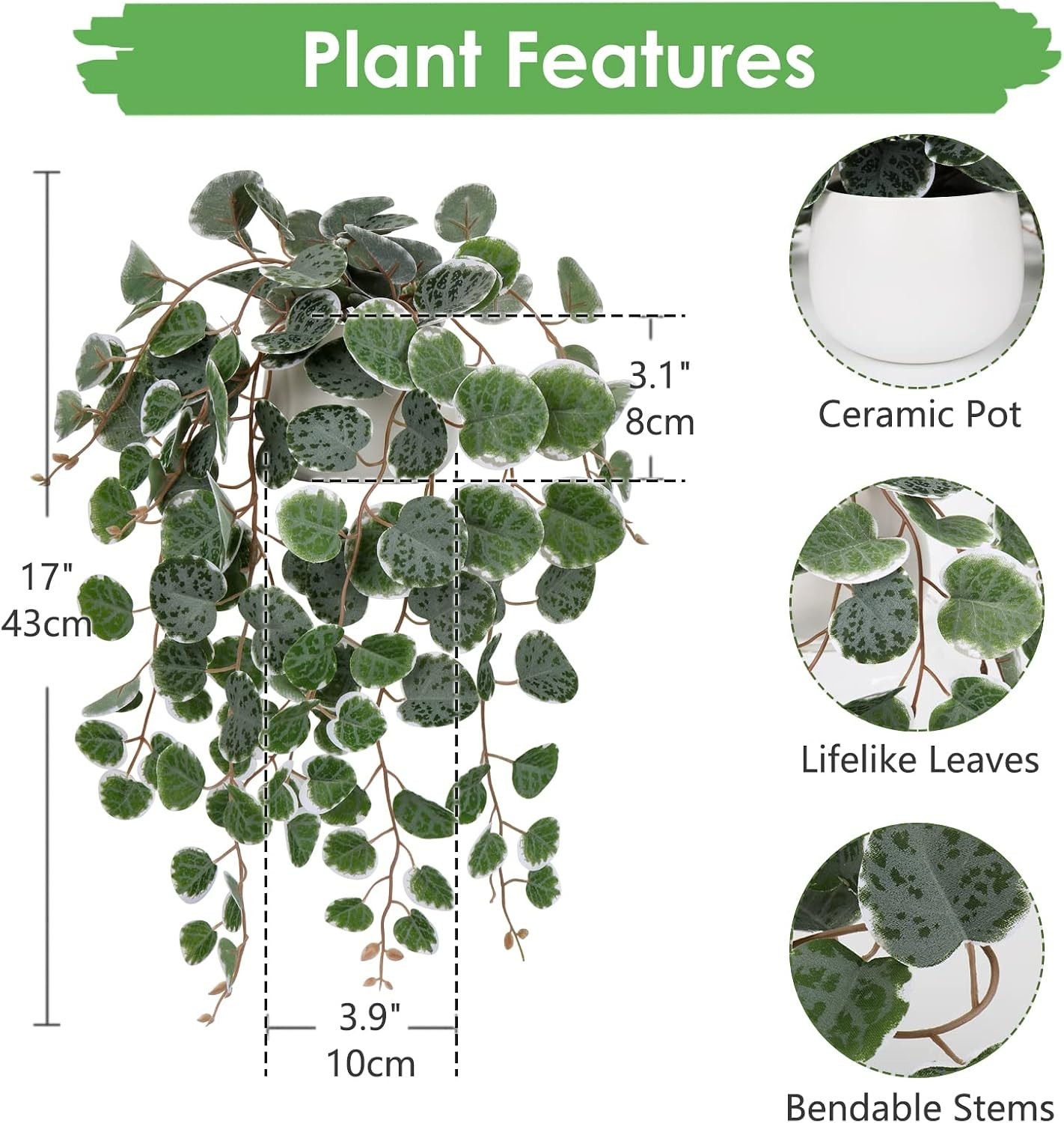 17″ Artificial String of Hearts Plant in White Ceramic Pot | faux trailing pl…