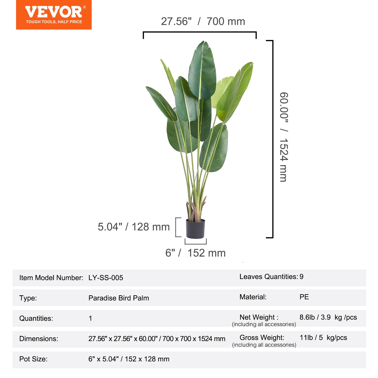 VEVOR 5 FT Artificial Birds Of Paradise Tree Green Faux Lifelike Fake Plant