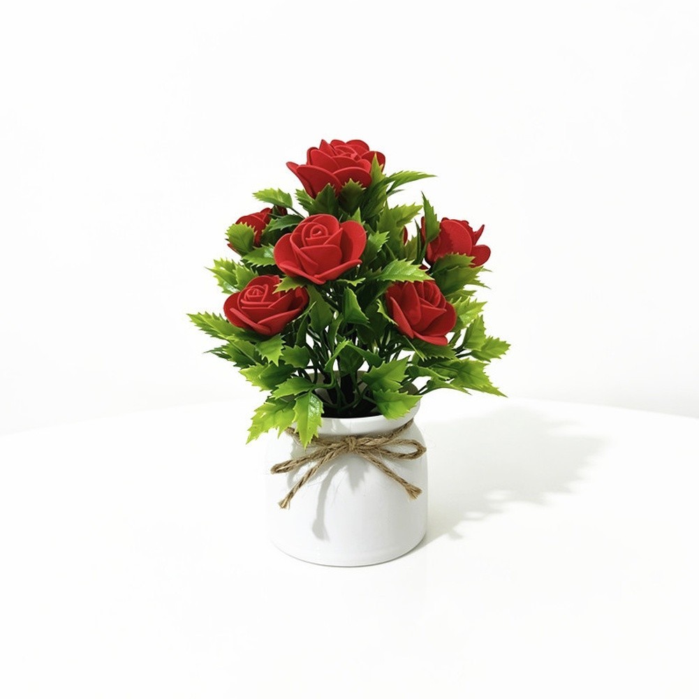 7.5 inch Artificial Rose Arrangement in Rustic White Pot with Twine for accent