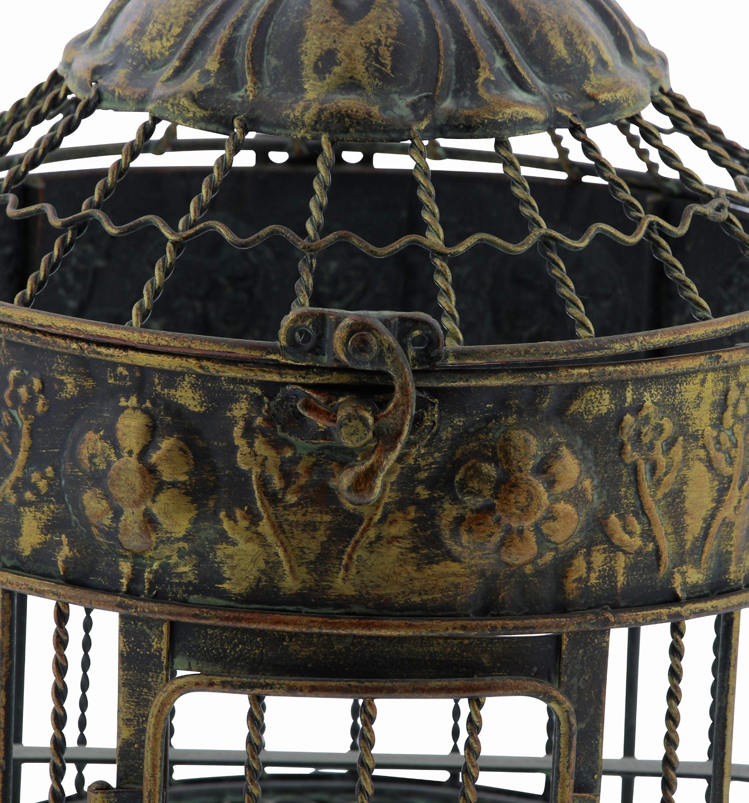 Antique Metal Floral Birdcage Set of 2 – Twisted Rod, Latch Closure, Hanging Hoo