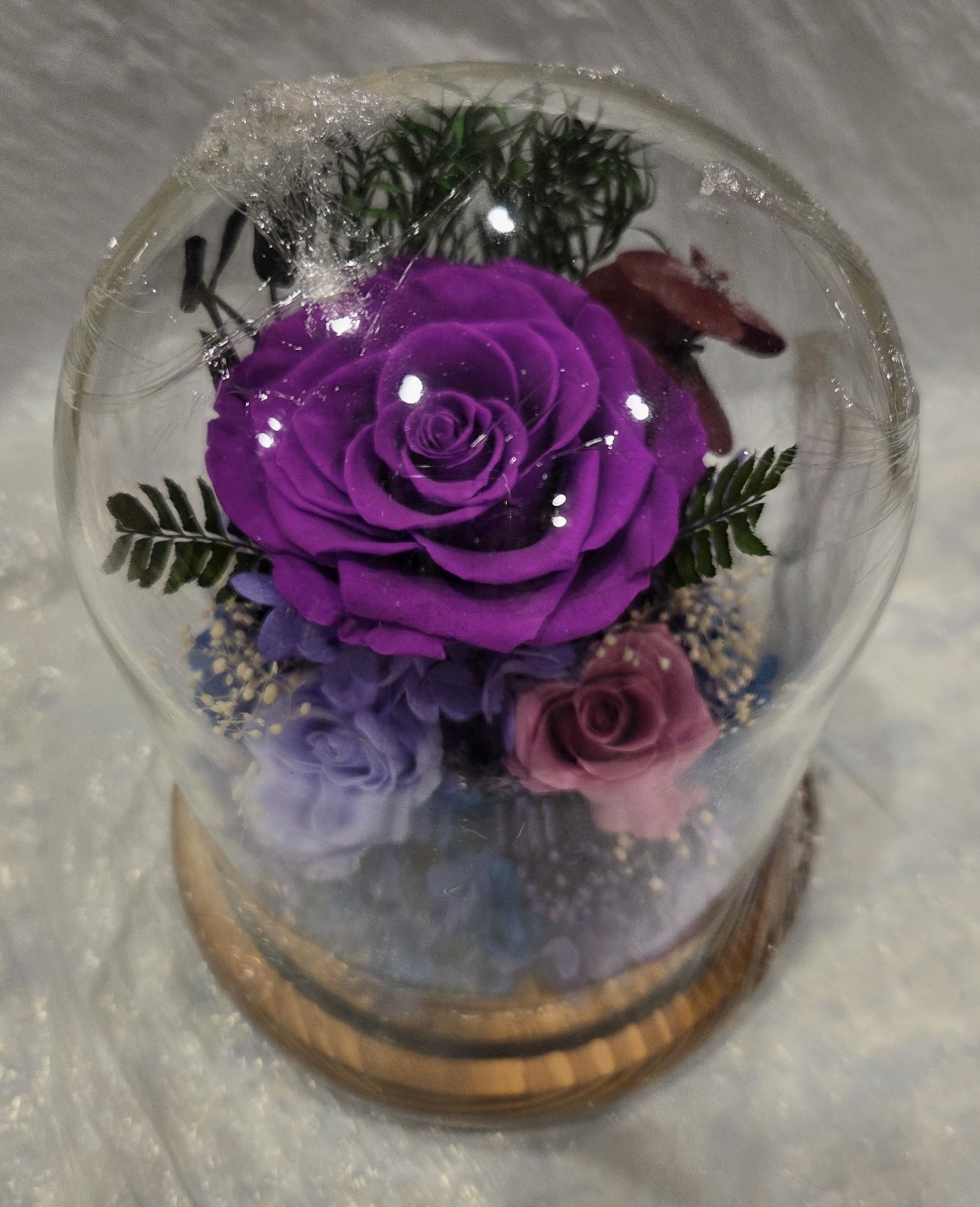 Preserved Flowers in Glass Dome Lights Up Purple Rose Christmas Gift Holiday