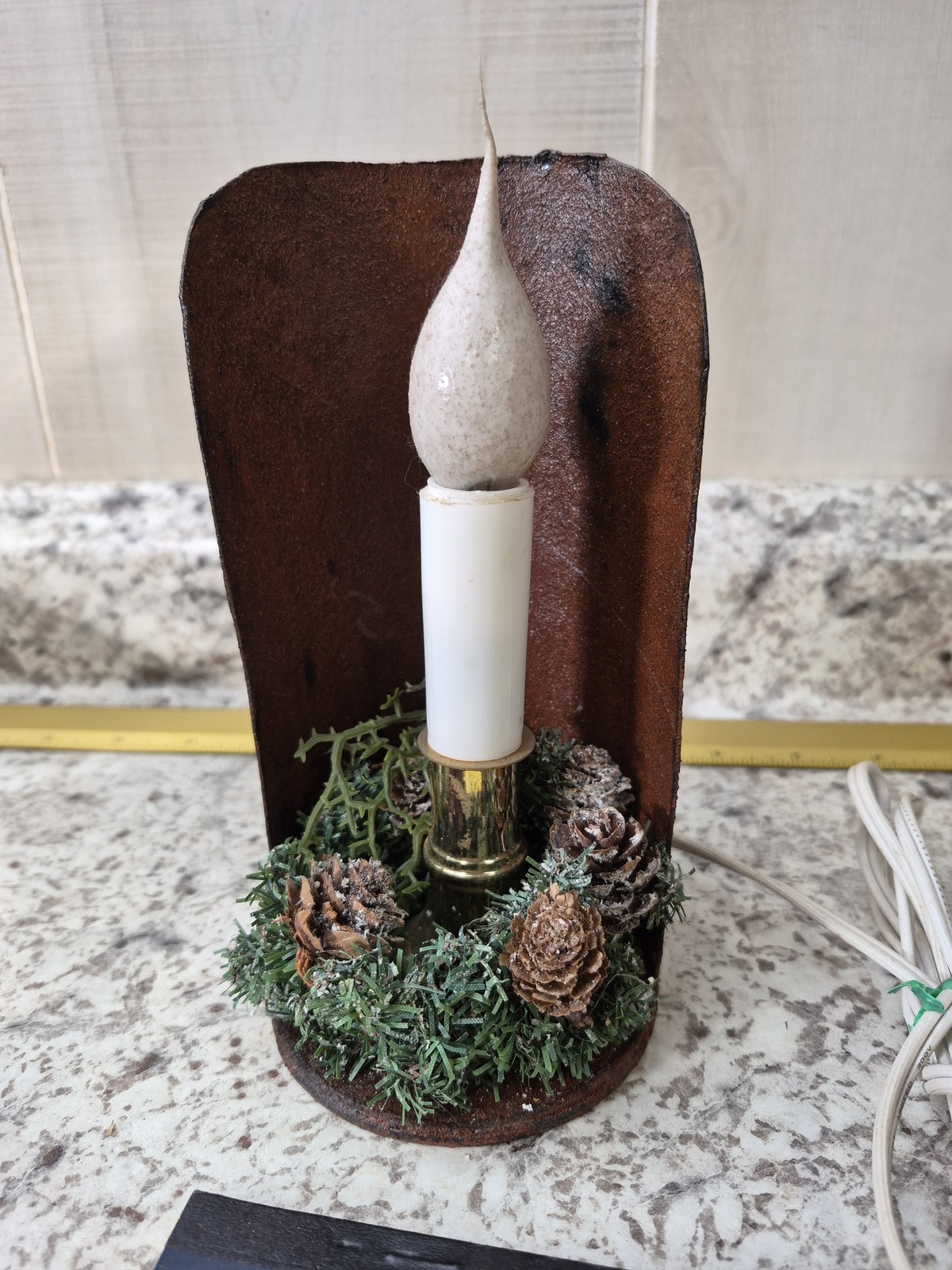 Rustic Winter Holiday Electric Candle Lamp Faux Leather Pinecone Evergreen Decor