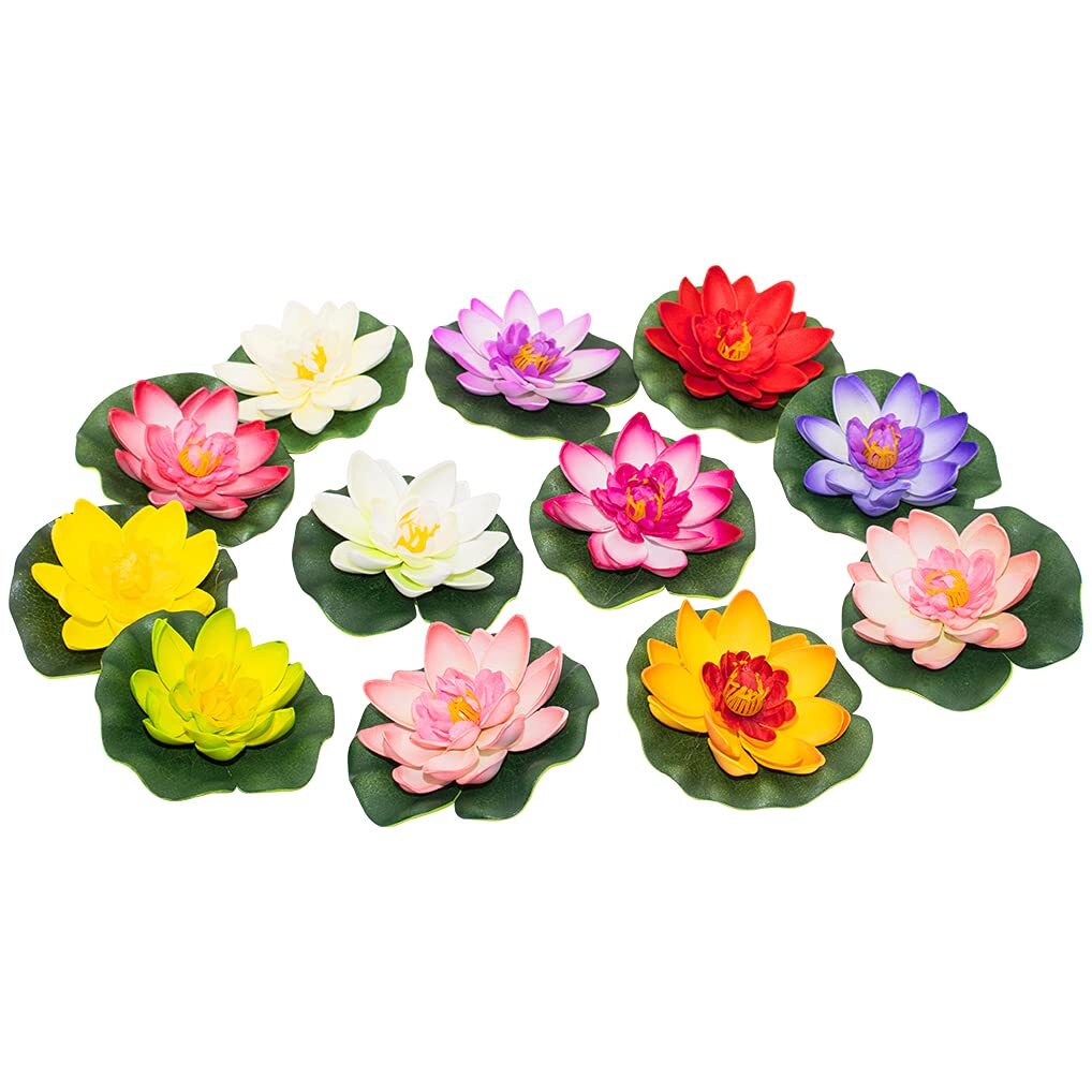 12 Pcs Artificial Floating Lotus Flower with Water Lily Pad for Pond Pool Decor