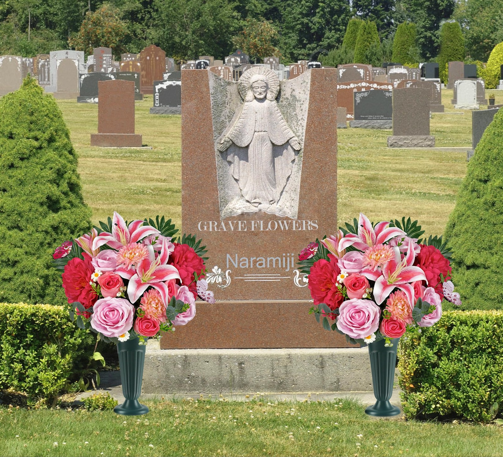 Colorfast Cemetery Flowers Grave Vase Pink Roses Headstone Sympathy Memorial