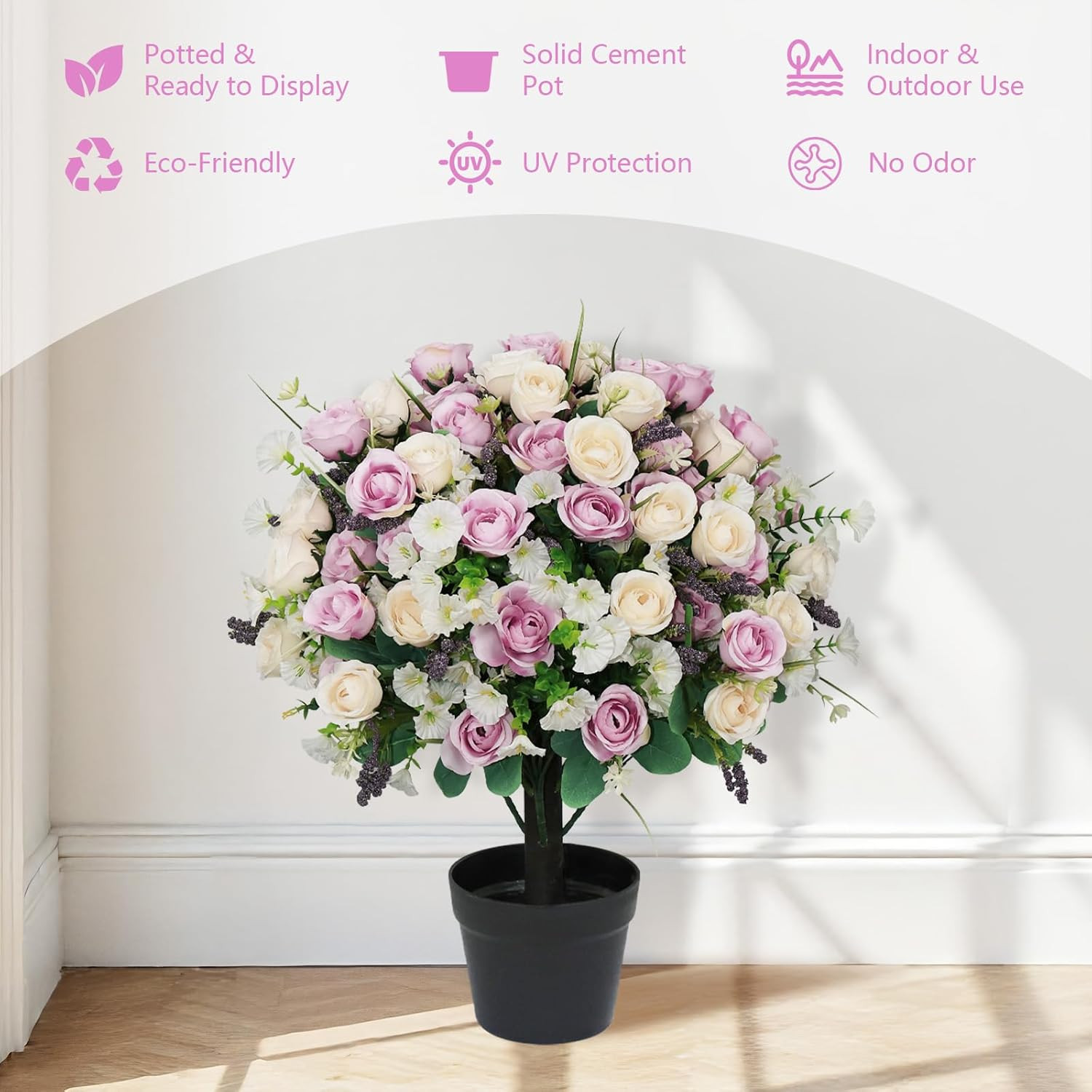 24″ Artificial Outdoor Flowers Set of 2, Faux Rose with Eucalyptus Plants in Cem