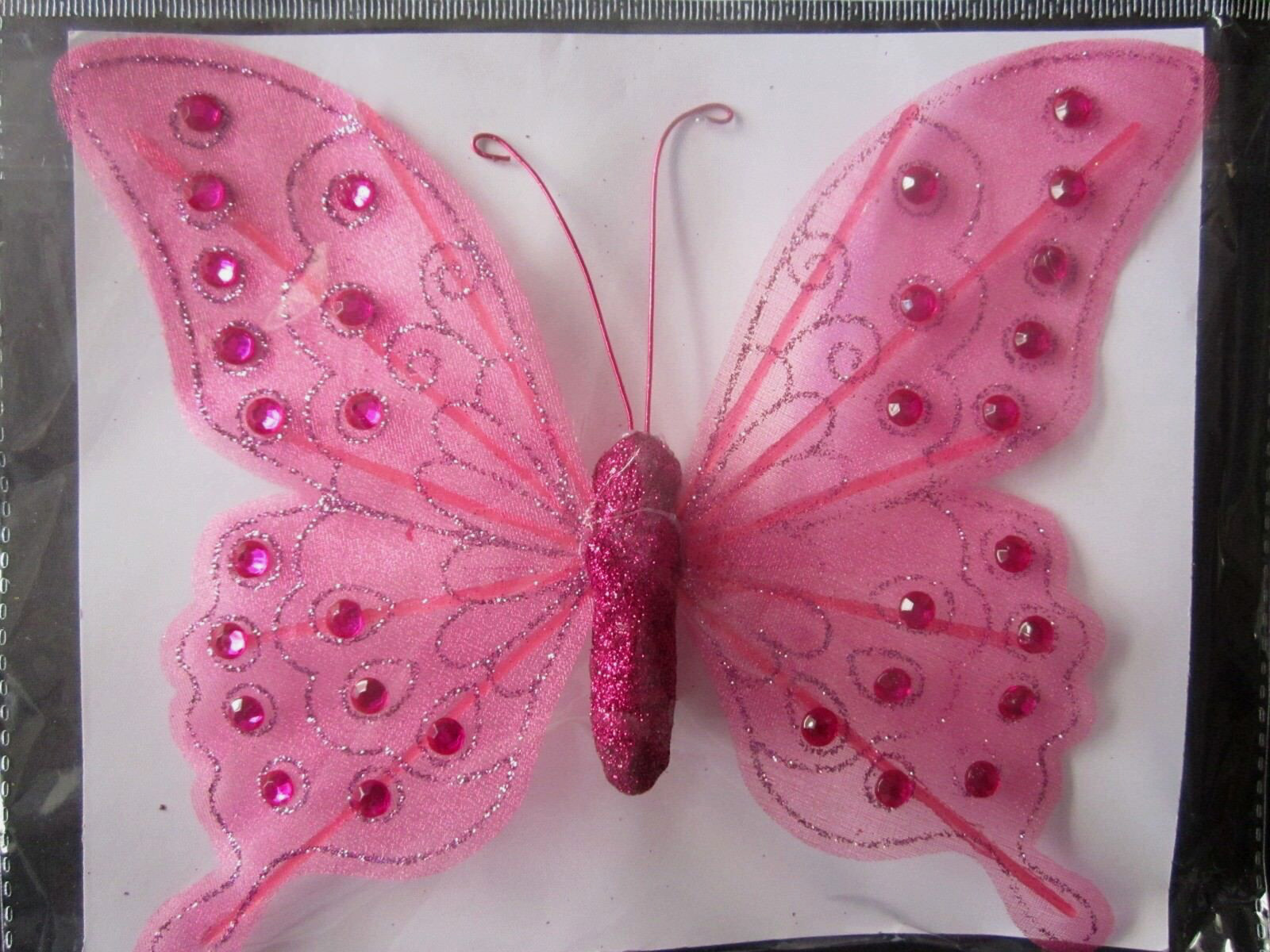 Floral Garden Sheer Rhinestone Glitter 7″x 6″ Pink Butterfly W/Clip Package New!