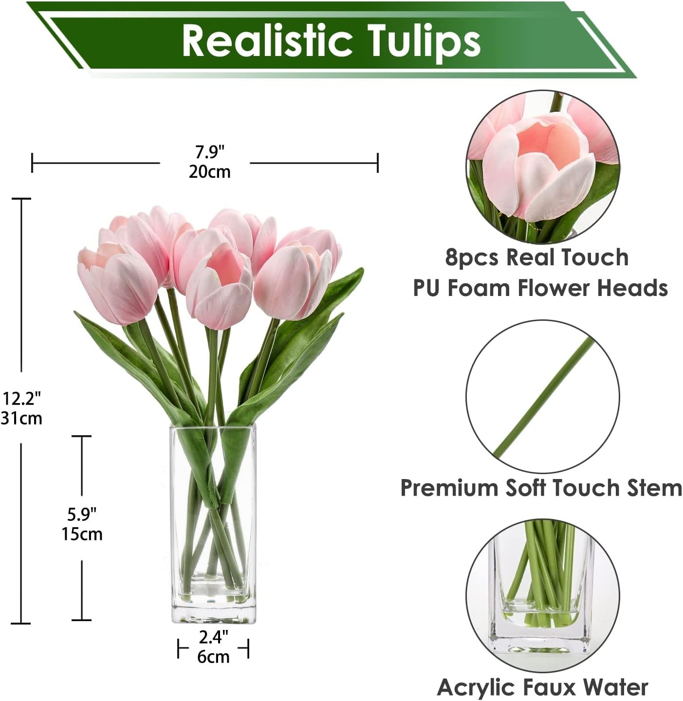 Pink Artificial Tulip Flower Fake Flowers Clear Vase Real Touch Arrangement