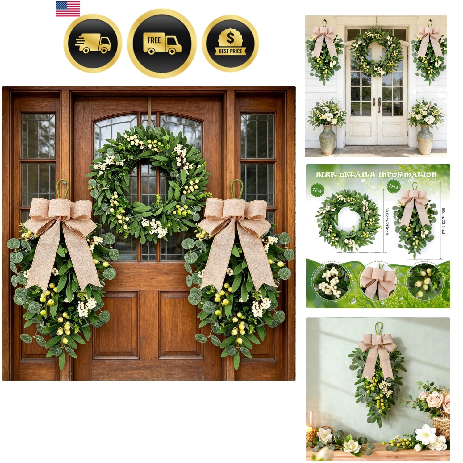 3 PCS Artificial Green Eucalyptus Wreaths for Front Door Spring Summer Greene…