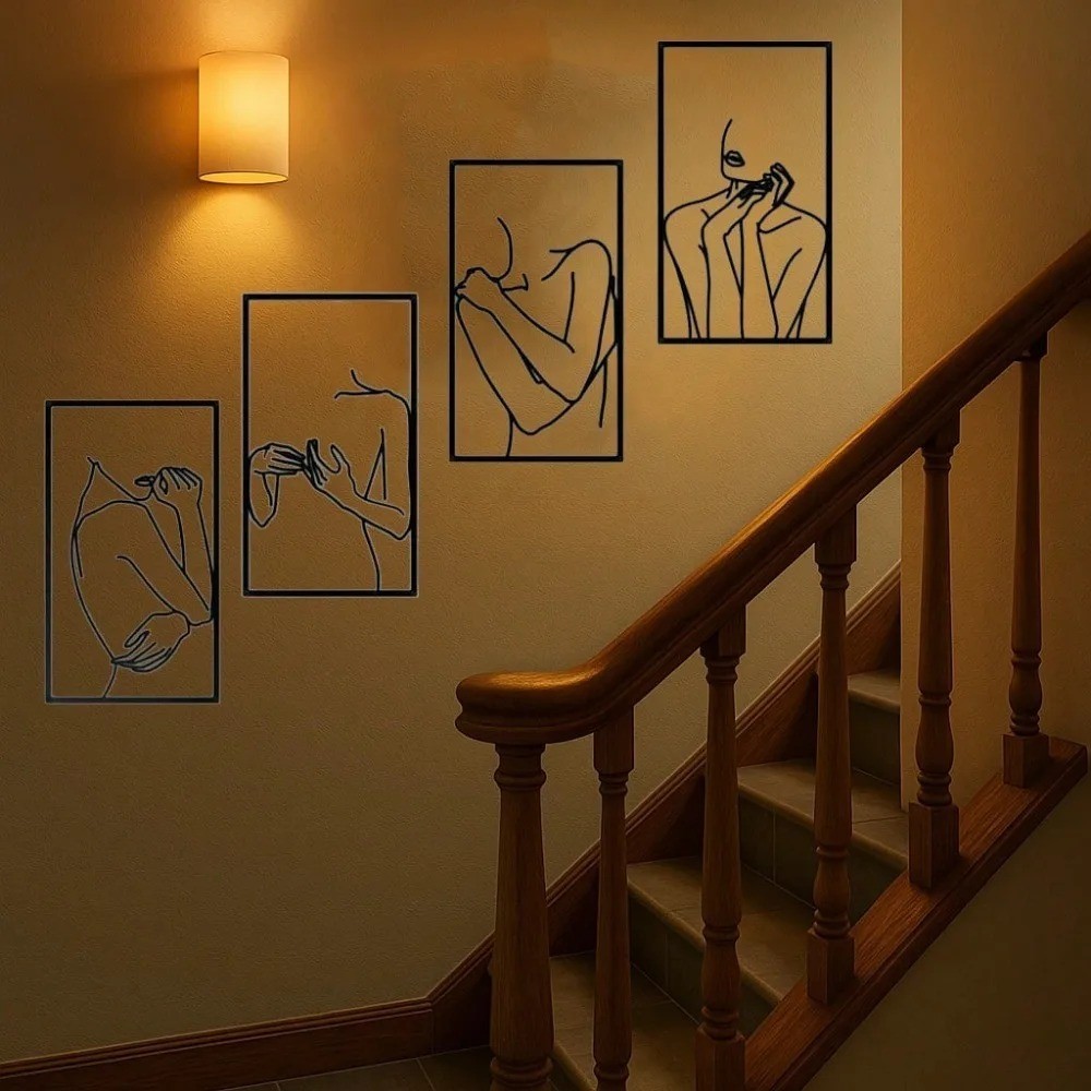 4Pcs Minimalist Black Line Woman Metal Wall Art Waterproof Rustproof Home Decor