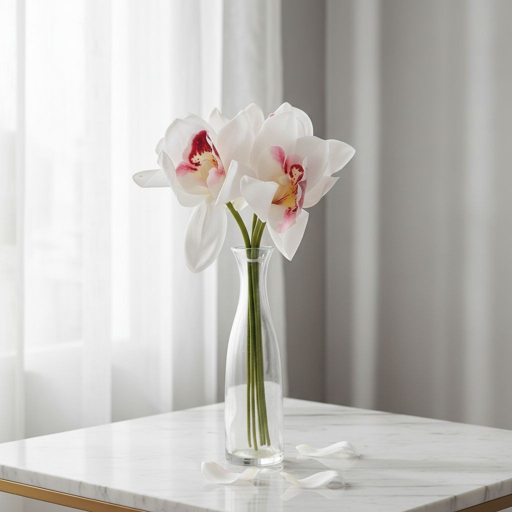 Artificial Cymbidium Orchid Stems White Blush Pink Faux Orchid Bouquet Realistic