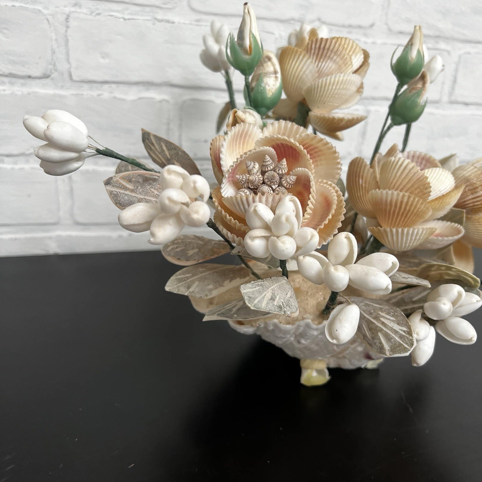 Vintage Shell Flower Arrangement Clam Shell Planter 12” Coastal Decor