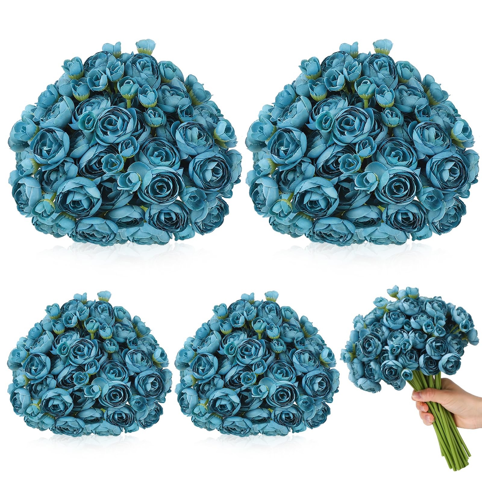30 PCS 5 Bouquets Teal Ranunculus Artificial Flowers Silk Faux Centerpiece