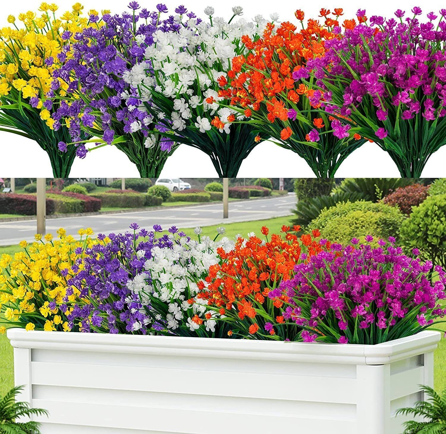 10 Bundles Faux Plastic Flowers UV Resistant Artificial Shrubs for Outdoor Decor