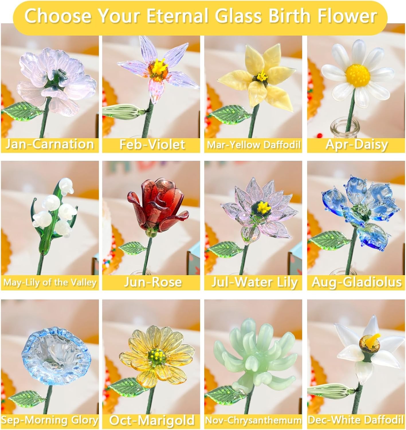 Glass Birth Month Flower, Handmade Glass Flower Birthday Gift for Mother Father