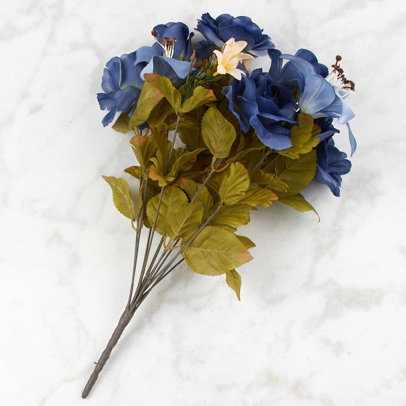 Poly Silk Blue Hydrangea, Rose and Lily Floral Bush | For Indoor Decor