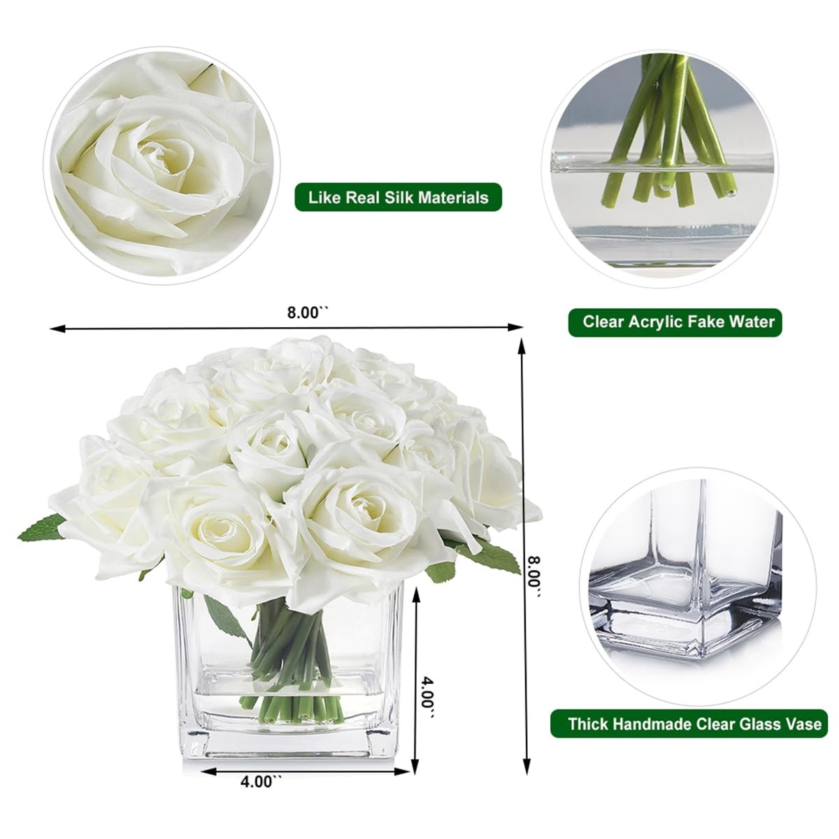 Cream 18 Heads Artificial Flowers In Vase With Fake Water Faux Rose Decor