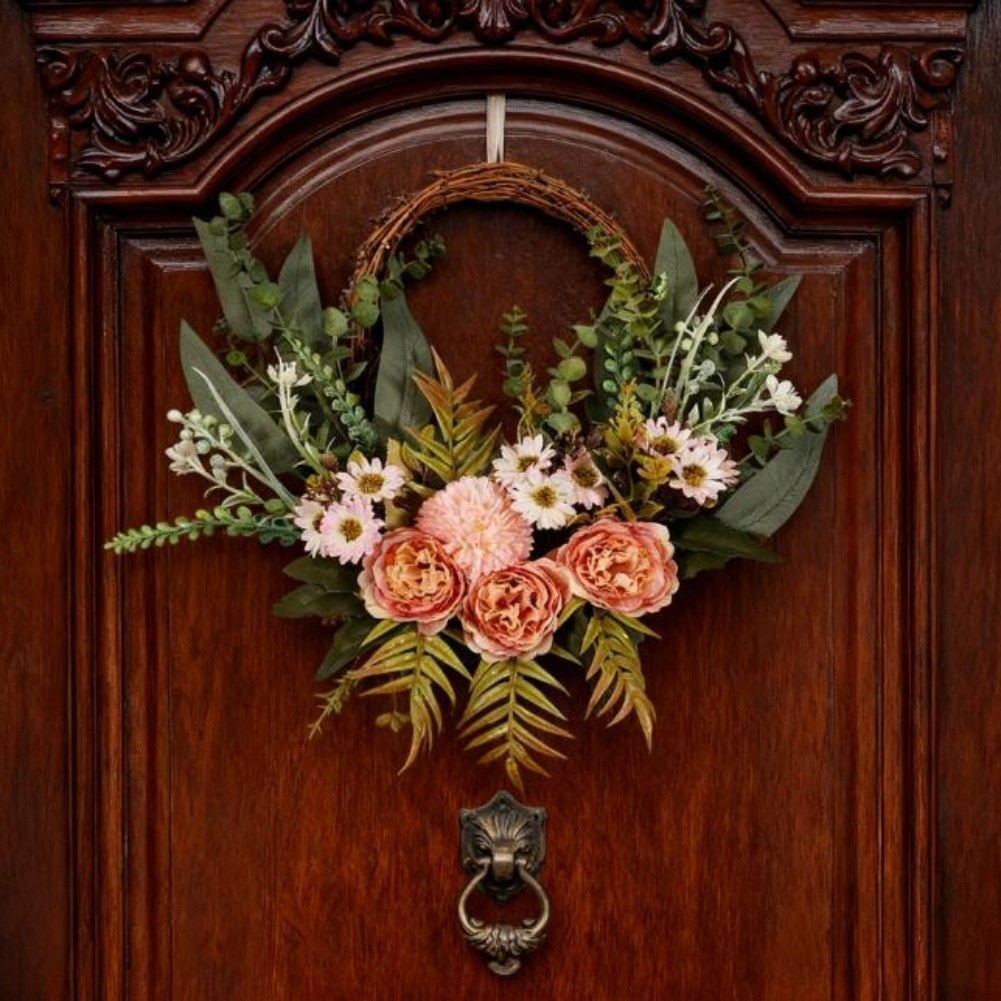 Artificial Wreath with Fabric and Plastic Flowers for Indoor Wall Decoration