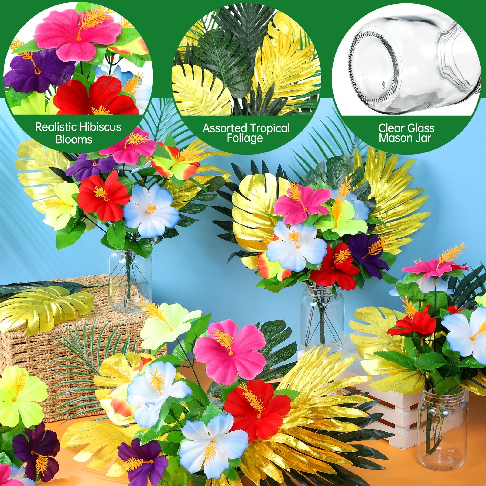 6 Pack Hawaiian Flower Centerpieces with Mason Jars Artificial Hibiscus Bouqu…