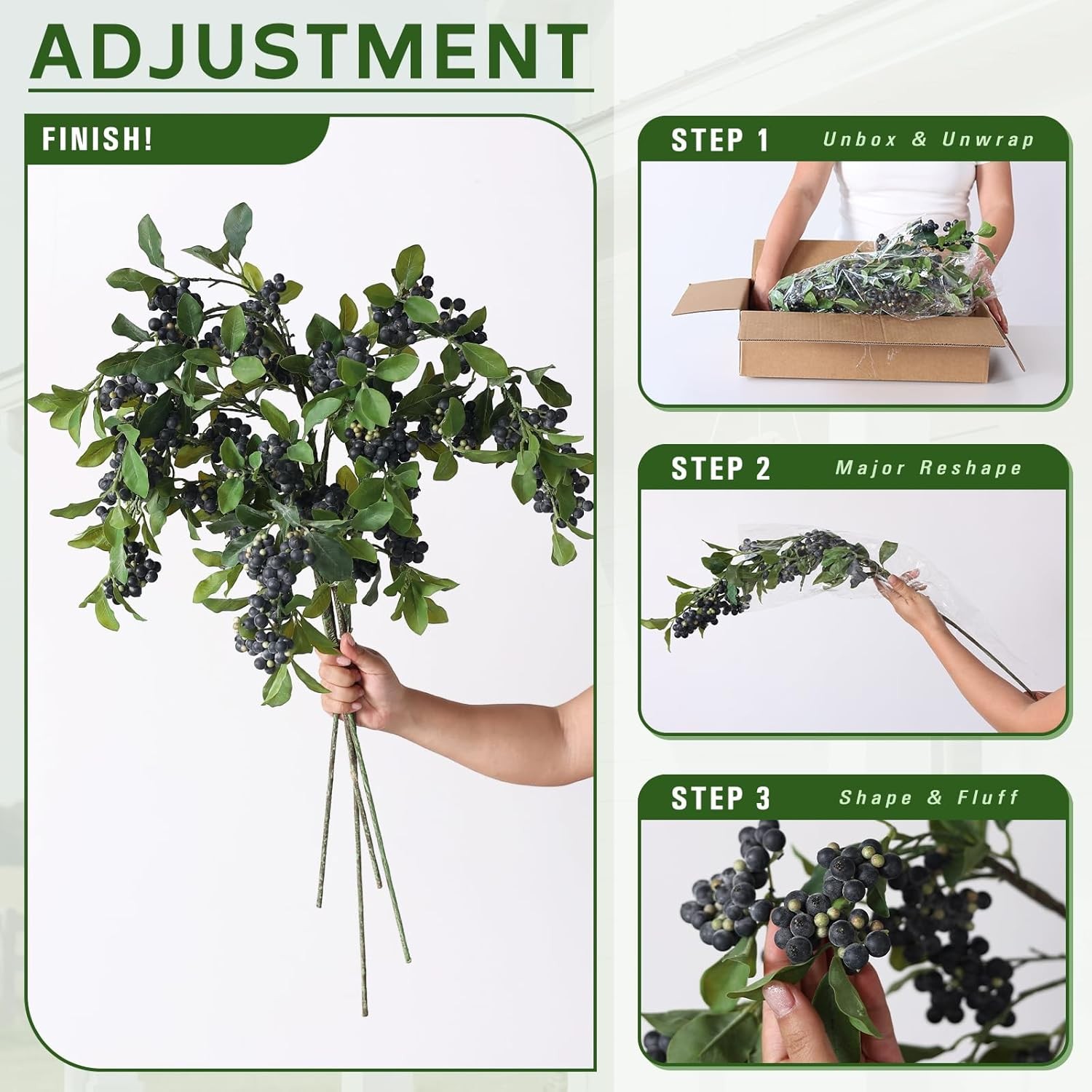 33″ Artificial Blueberry Stems for Vase – 8 Pcs Lifelike Faux Blueberries Fruit