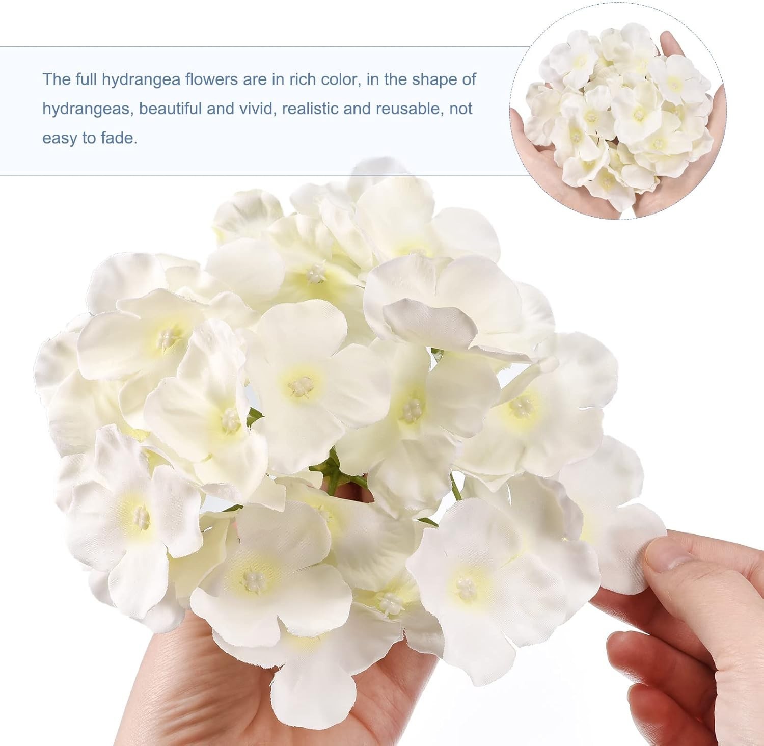 Hortensias artificiales de seda, cabezas de flores artificiales blancas