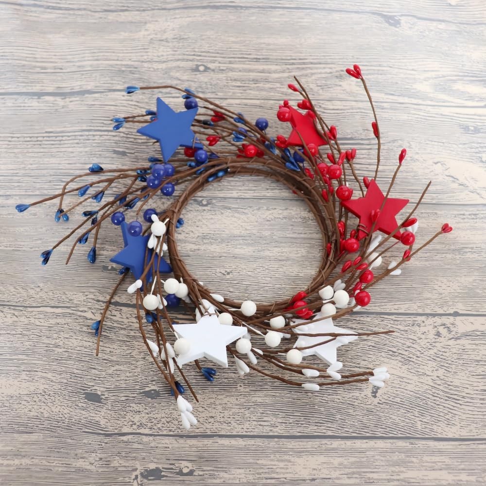 4Pcs Red White Blue Star Pip Berry Candle Ring Wreath 4 Inch Center Patriotic