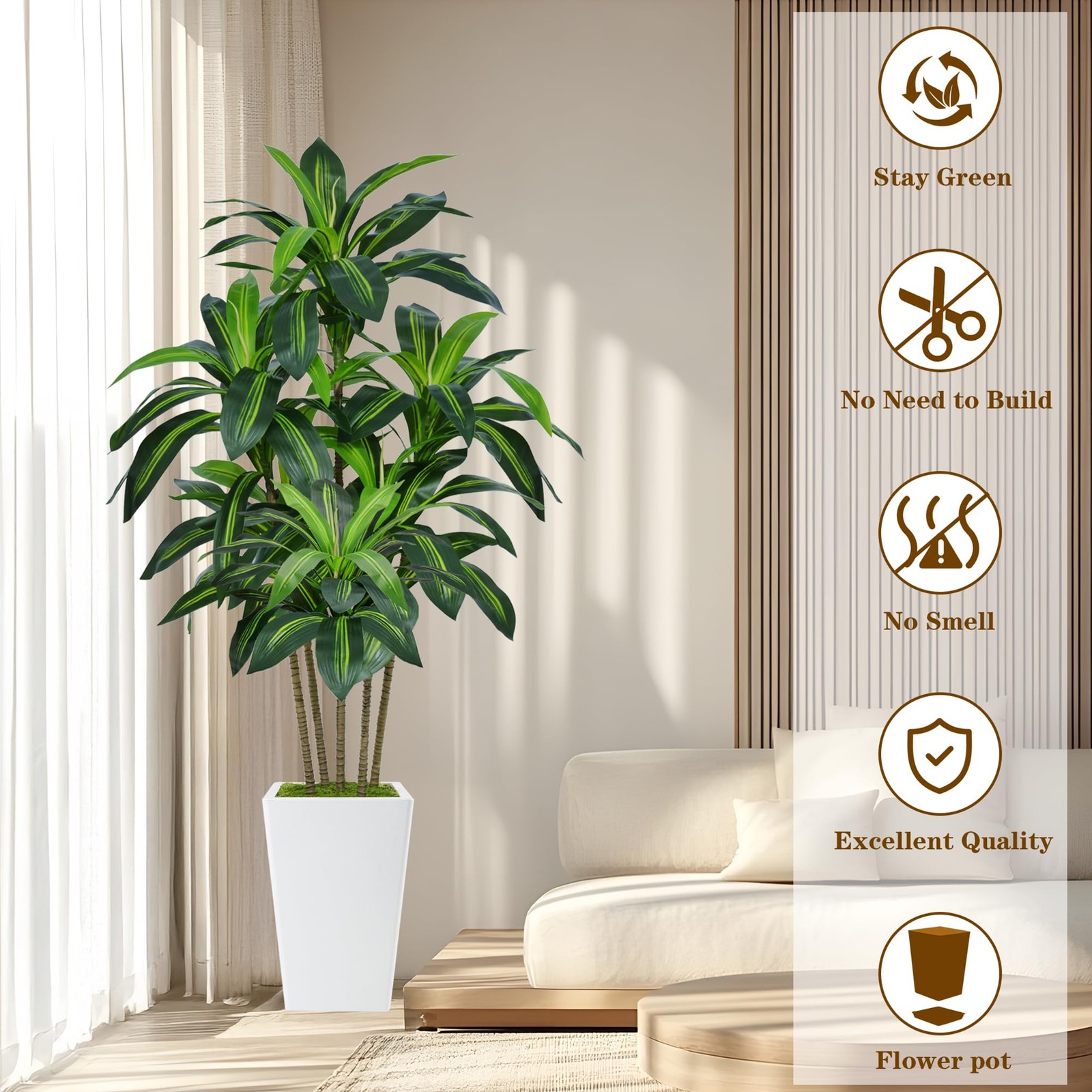 6FT Artificial Dracaena Tree, Fake Tree Indoor with White Tall Planter,Tall A…