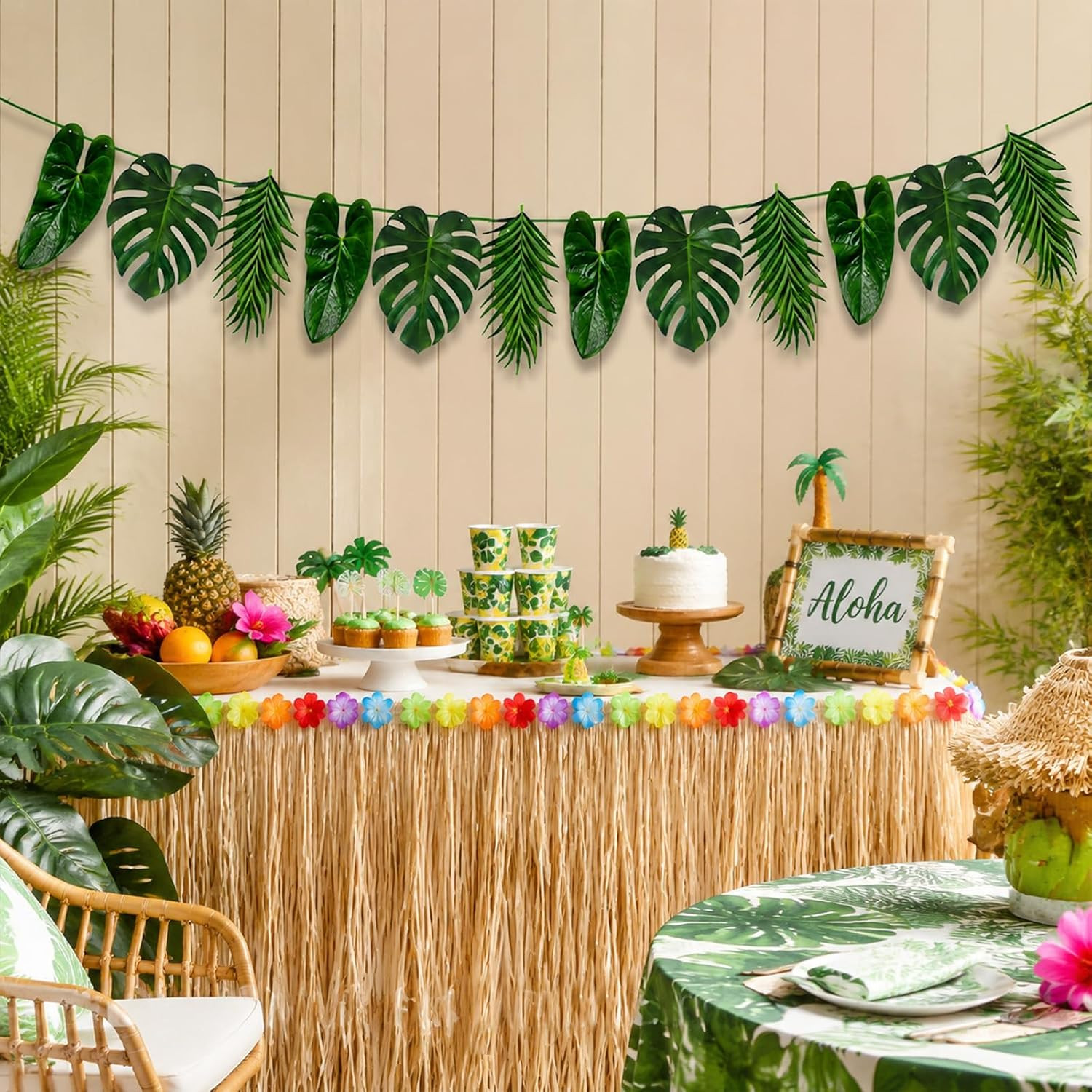 Tropical Leaf Garland with Palm and Monstera Leaves, Hanging Hawaiian Cardboard