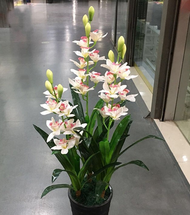 35″ Height (3 stems) Artificial Palm Plant White Flowers Tree ( No pot)