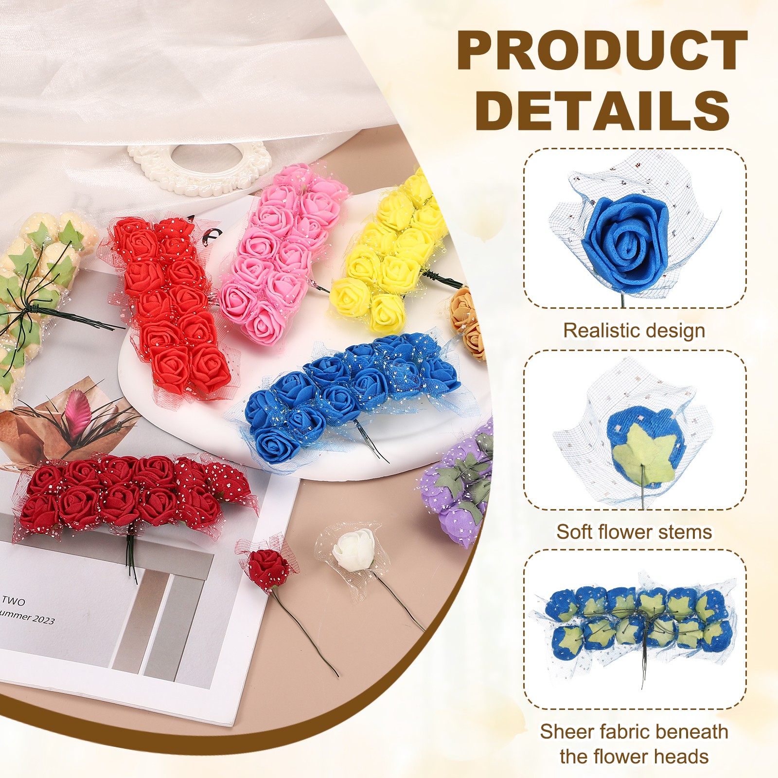 144 Pcs Mini Artificial Rose Flower Heads and Stem, Dark Blue