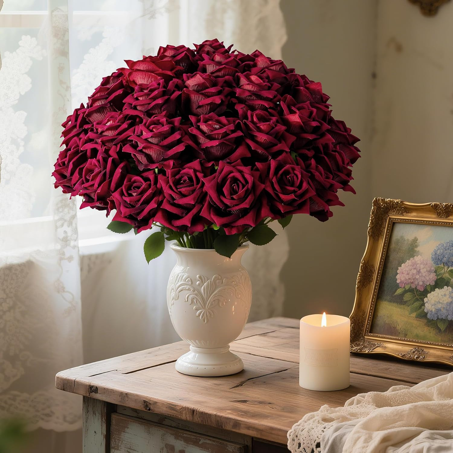 Realistic Black Red Silk Roses – 36Pcs Faux Flowers for Home & Wedding Decor